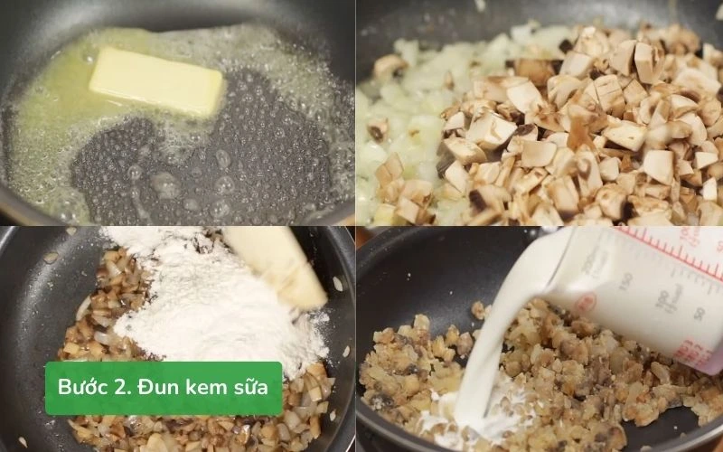Đun hỗn hợp hành, nấm, bột mì với sữa tạo nhân kem