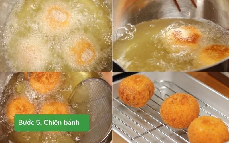 Chiên bánh Korokke cua kem đến khi vàng giòn đều