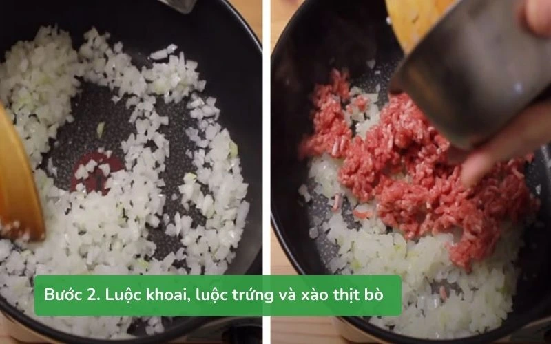 Xào thịt bò và các nguyên liệu nhân bánh Korokke