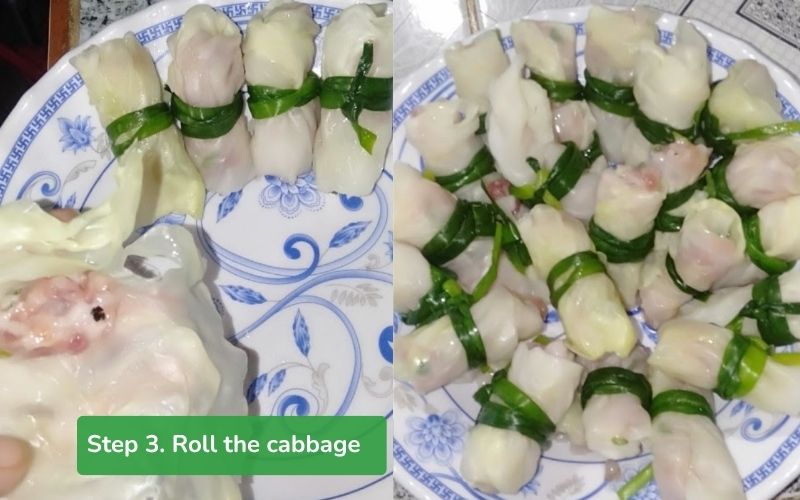 Roll cabbage with minced meat filling and tie securely with garlic chives