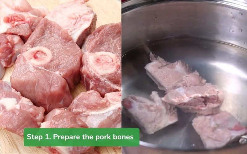 Pork bones are blanched to clean them