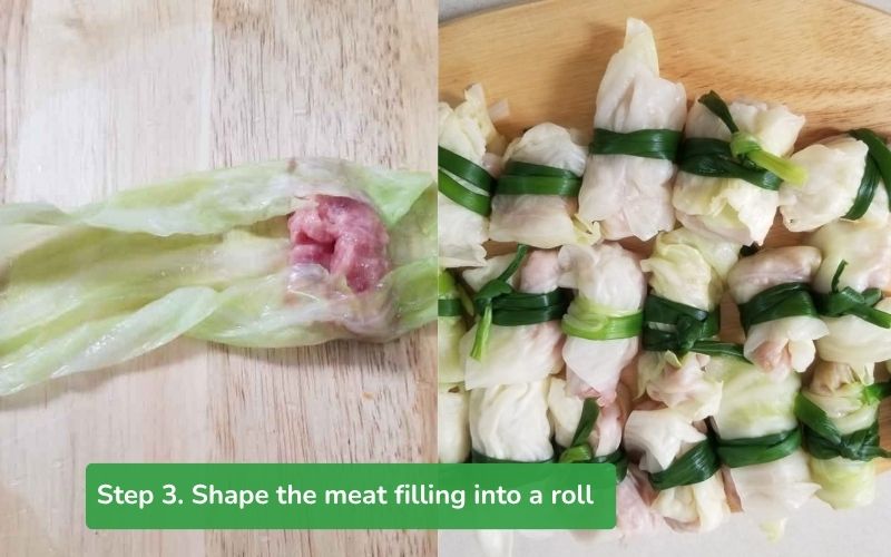 Roll the meat filling into cabbage leaves and tie with green onions