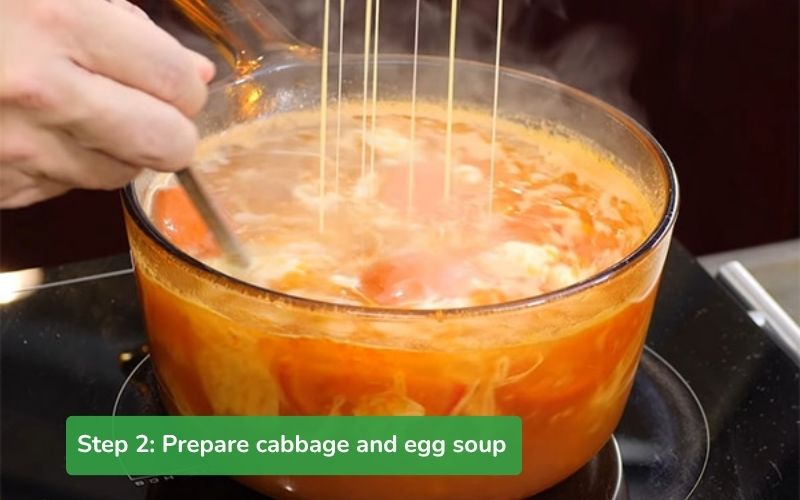 Eggs are slowly poured in to create beautiful patterns in the soup