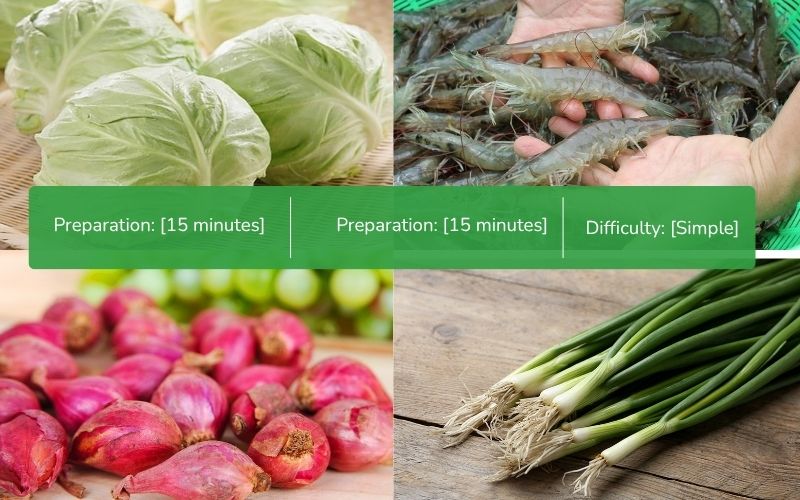 Fresh shrimp, cabbage, and other ingredients are ready