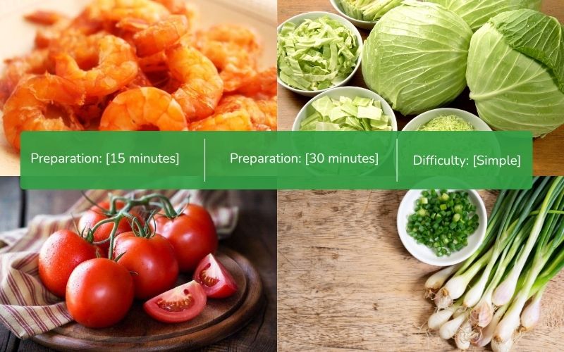 Ingredients for cabbage and tomato soup include dried shrimp, tomatoes, and cabbage