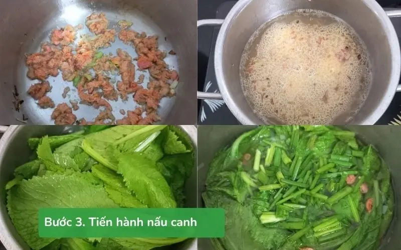 Tôm khô được xào thơm, nấu cùng cải và nêm gia vị vừa ăn