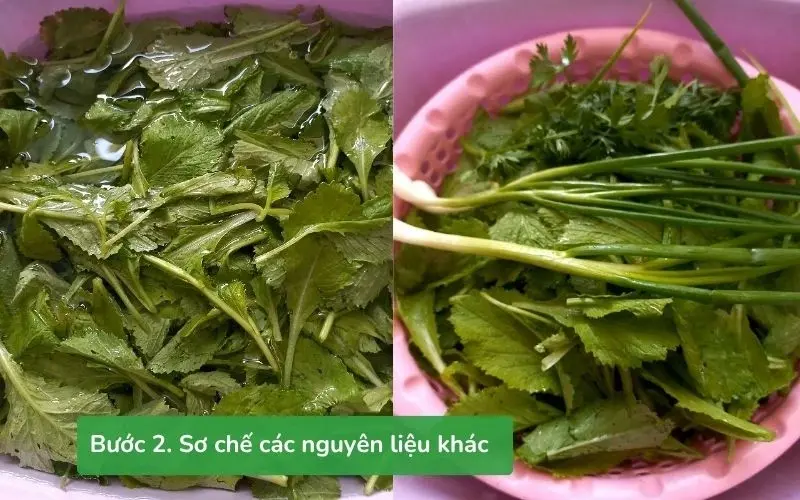 Cải xanh cùng hành lá được rửa sạch, cắt nhỏ