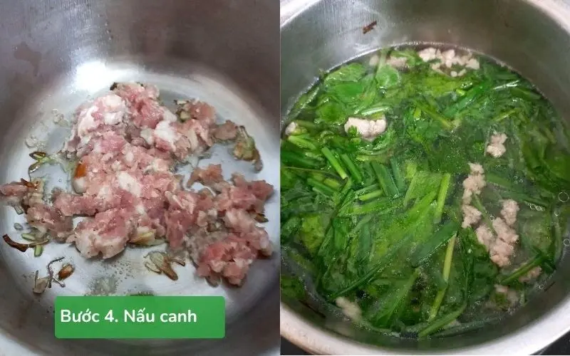Thịt được xào săn và nấu cùng cải xanh tạo nên nồi canh đậm đà