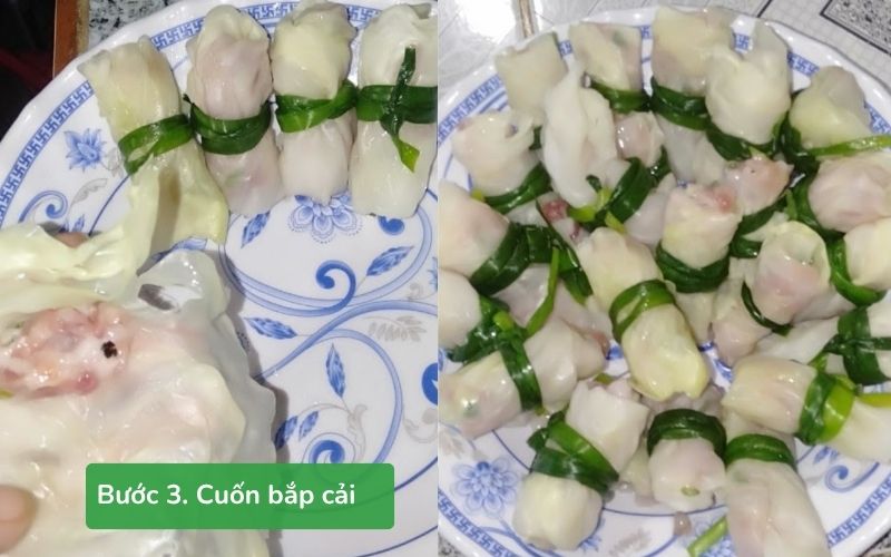 Cuộn bắp cải cùng nhân thịt băm rồi buộc chặt bằng lá hẹ