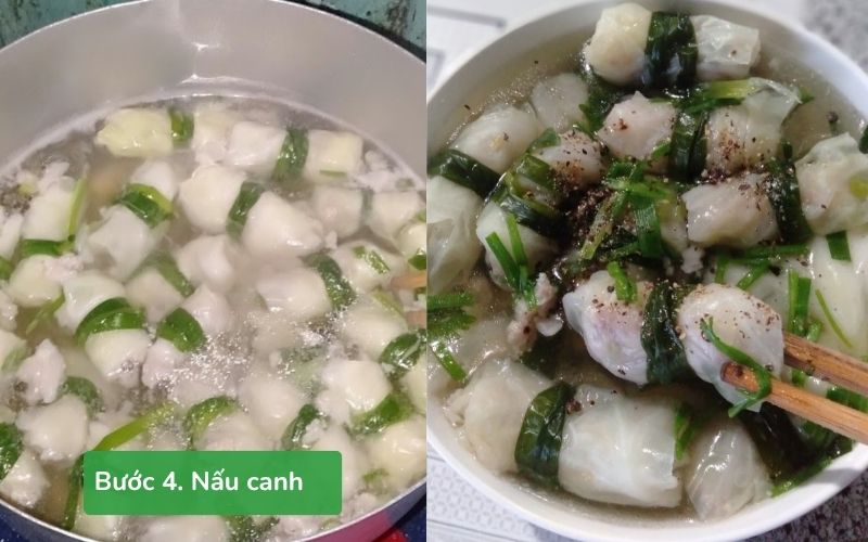 Cho bắp cải cuốn thịt vào nồi nước dùng để nấu canh