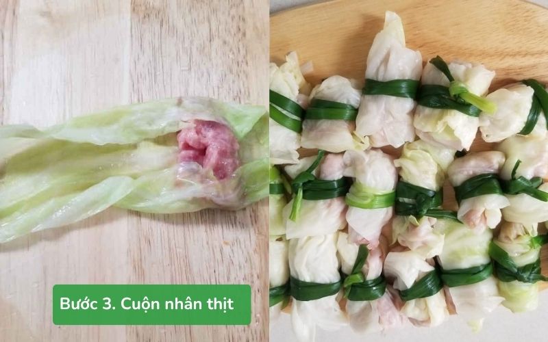 Cuộn nhân thịt vào lá bắp cải và buộc bằng hành lá