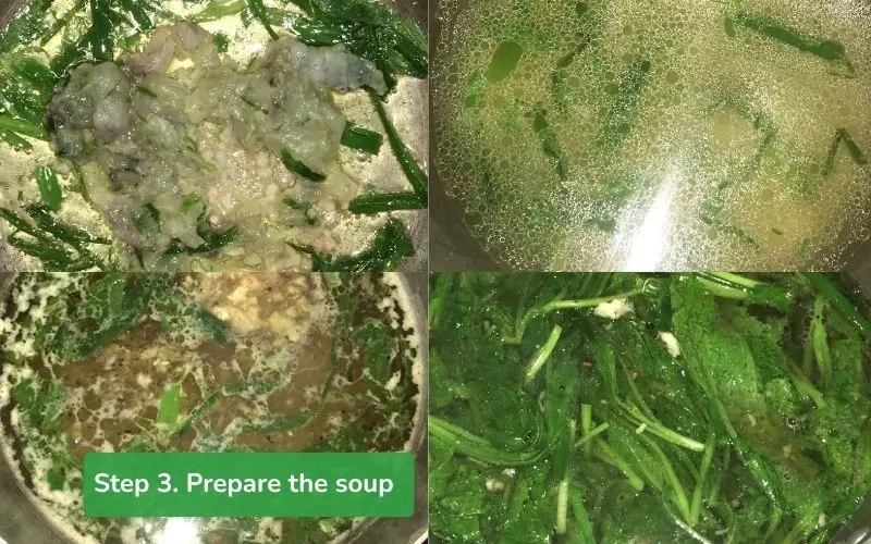 Shrimp are briefly stir-fried, cooked with greens, and seasoned for a light, sweet flavor