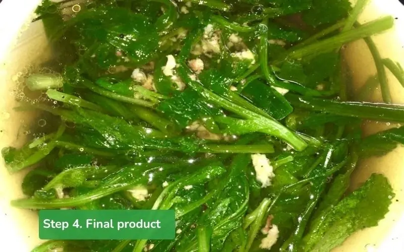 The soup has eye-catching colors, tender green mustard greens, and a clear, sweet broth