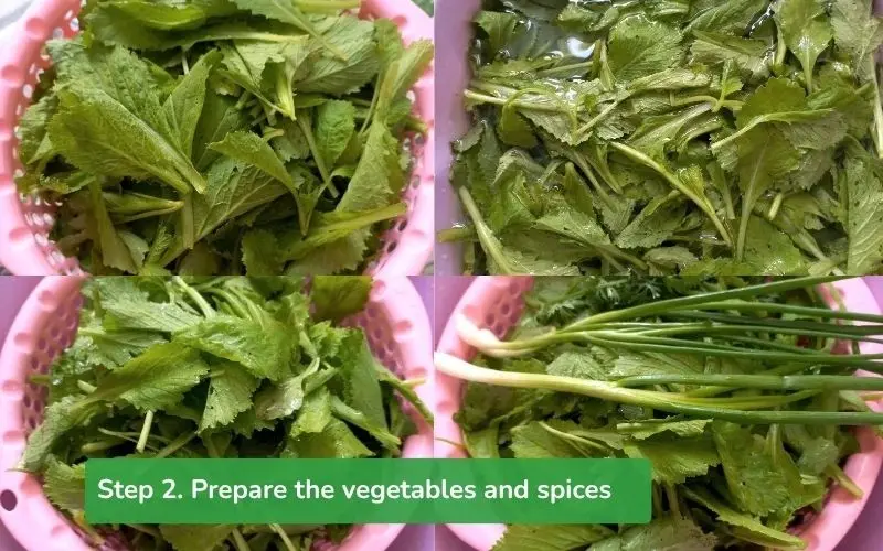 Green mustard greens, green onions, and coriander are washed and cut, ready for cooking