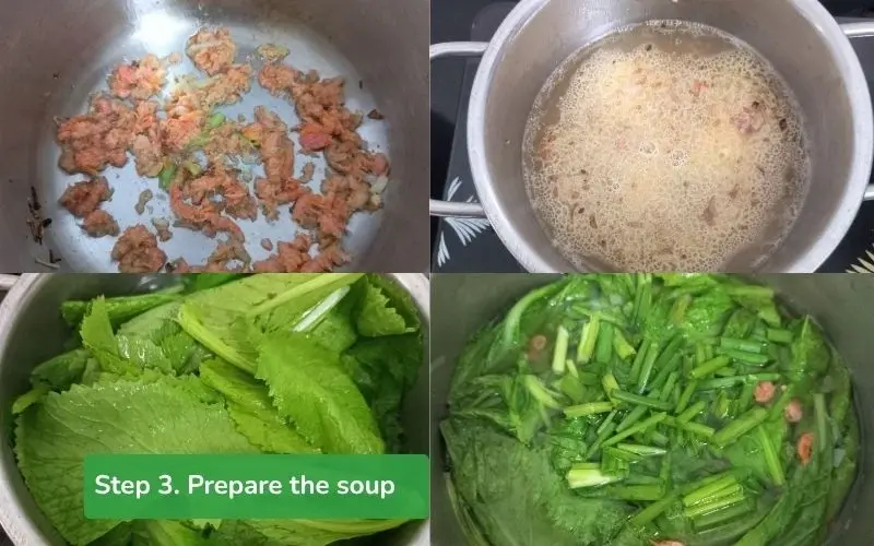 Dried shrimp are stir-fried until fragrant, cooked with greens, and seasoned to taste