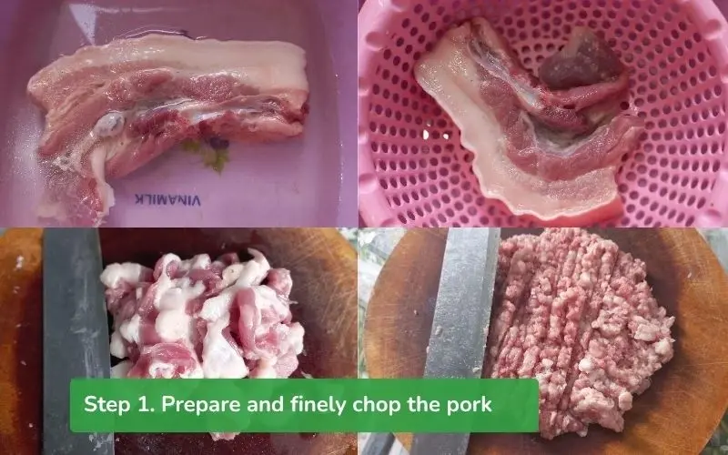 Pork is cleaned and minced to remove odor and enhance flavor