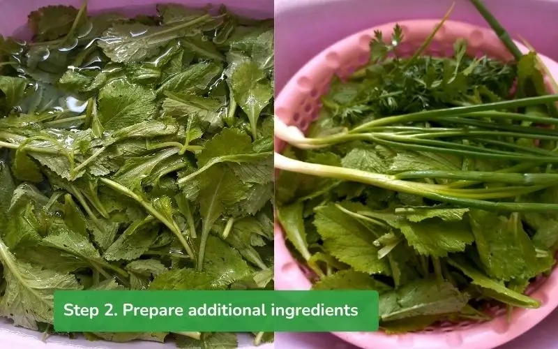 Green mustard greens and green onions are washed and chopped