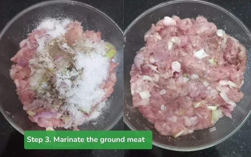 Minced pork is thoroughly marinated with seasonings and green onions for full flavor absorption