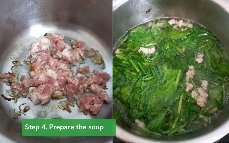Pork is stir-fried and cooked with green mustard greens to create a rich soup