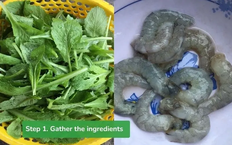 Greens are washed thoroughly, shrimp are peeled, and green onions are cleaned
