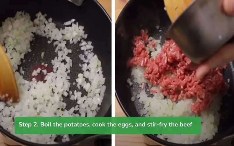 Sautéing beef and other Korokke filling ingredients