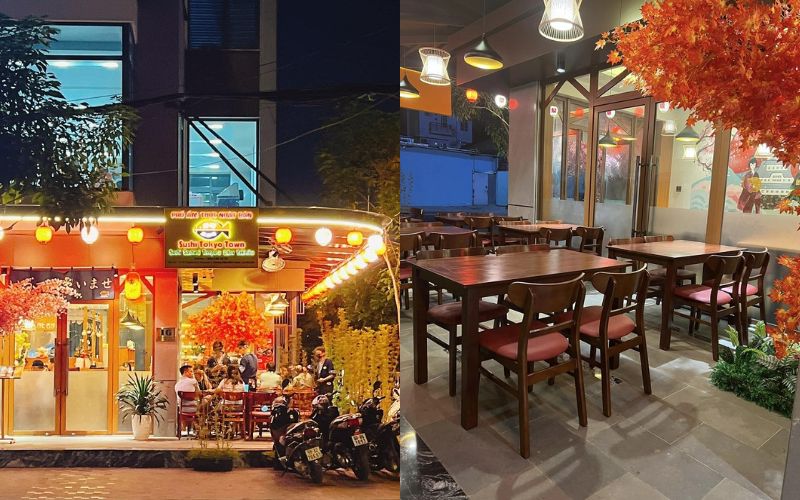 Cảnh quán từ bên ngoài với biển hiệu rõ ràng, không gian decor Nhật đặc trưng