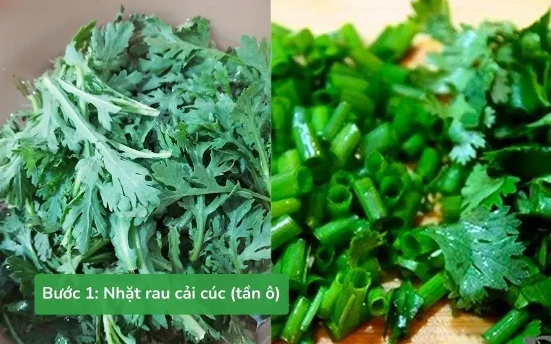 Nhặt và sơ chế rau cải cúc sạch sẽ trước khi nấu