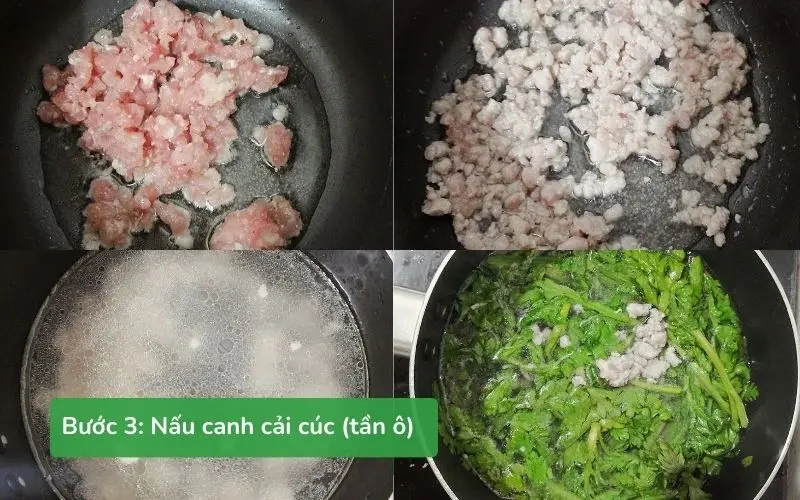 Nồi canh cải cúc thịt băm đã hoàn thành, thơm ngon và hấp dẫn