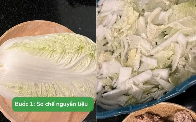 Cải thảo sau khi ngâm nước muối loãng, cắt khúc vừa ăn
