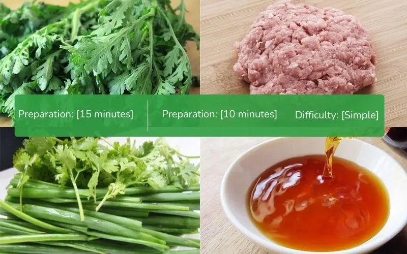 Fresh chrysanthemum greens and minced meat prepared for the soup