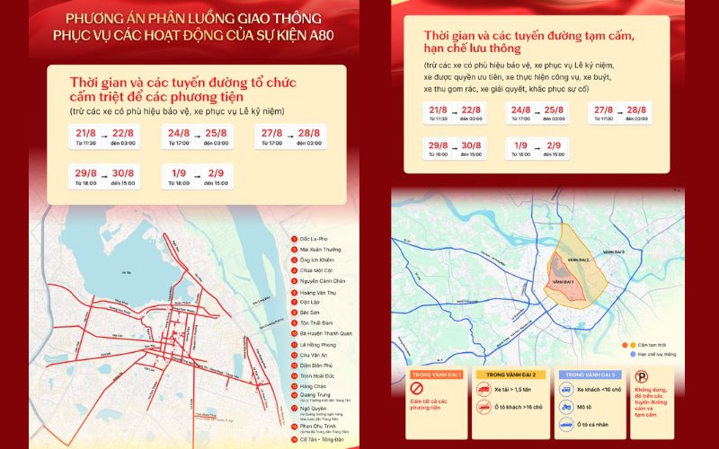 Các tuyến đường cấm và thời gian cấm phục vụ lễ kỹ niệm diễu binh diễu hành A80
