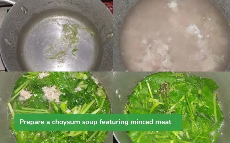 A pot of hot minced pork and choysum soup being cooked