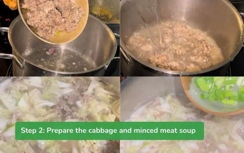 The pot of minced pork and napa cabbage soup has a clear broth and crispy, sweet cabbage