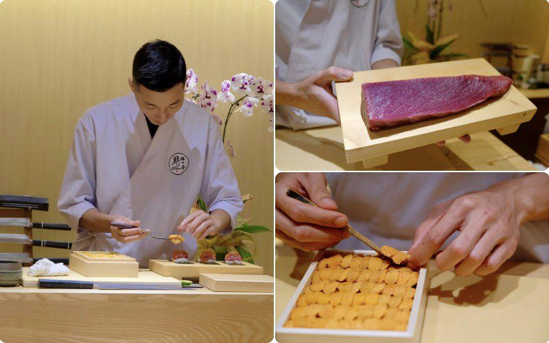 Đầu bếp chuẩn bị món sushi ngay tại quầy, mang đến trải nghiệm sống động