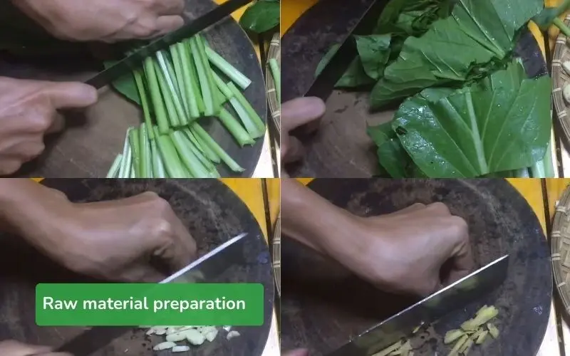 Choysum, garlic, and ginger are thoroughly prepared before cooking