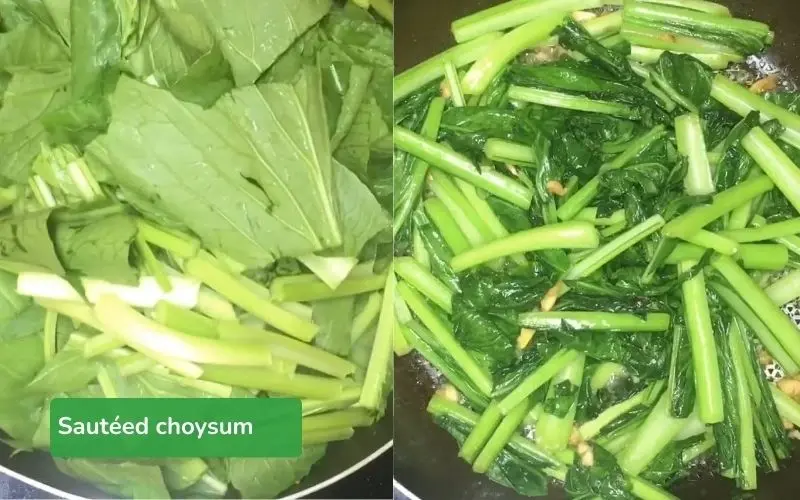 Stir-frying choysum with garlic and ginger in a hot pan