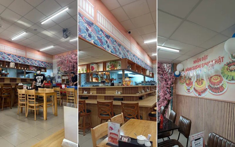 Góc quán nổi bật với cây hoa anh đào và kệ trưng bày rượu sake