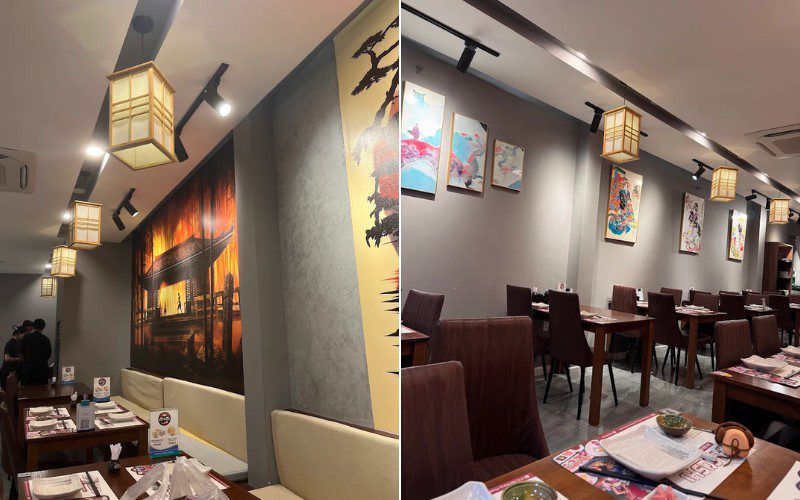 Không gian ấm áp, ánh đèn vàng dịu nhẹ và tranh tường đậm chất Nhật
