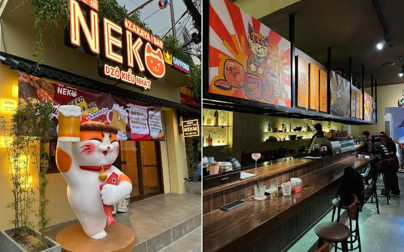 Biểu tượng mèo Maneki-neko nổi bật tại NEKO IZAKAYA BAR