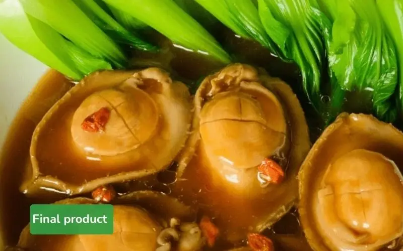 The final dish of abalone stir-fry with bok choy is vibrant and appealing