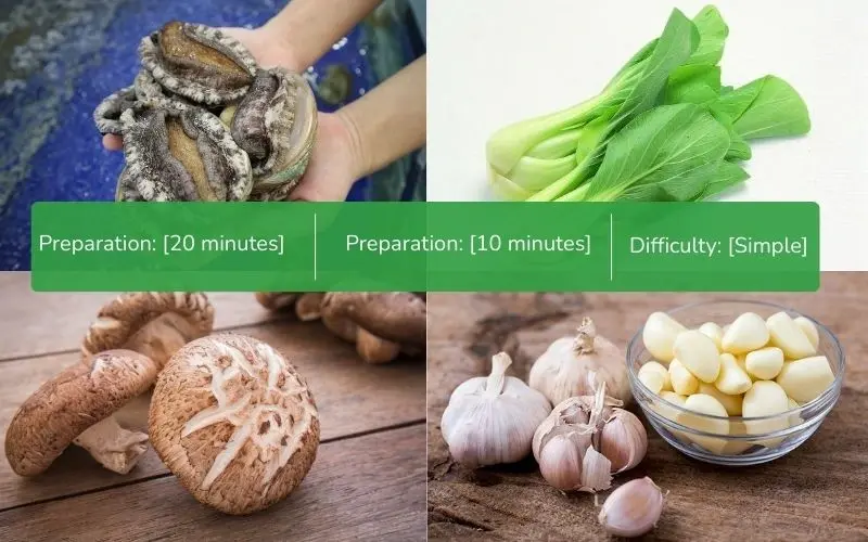 Fresh ingredients for abalone stir-fry with bok choy and shiitake mushrooms