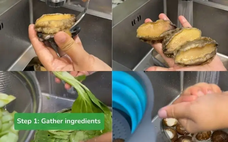 Abalone, bok choy, and shiitake mushrooms are carefully prepared to maintain their freshness