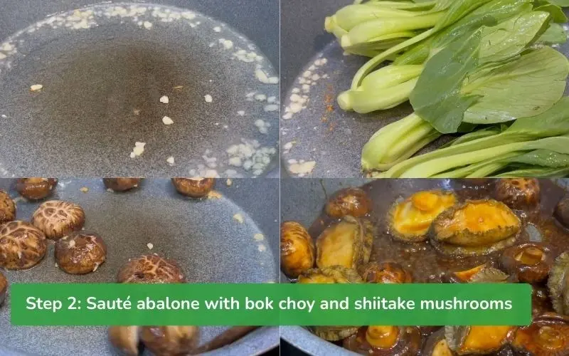 Stir-frying abalone with shiitake mushrooms and crisp green bok choy