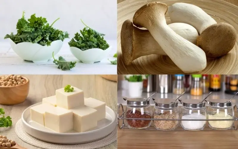 Nguyên liệu làm canh cải kale chay với nấm đậu non