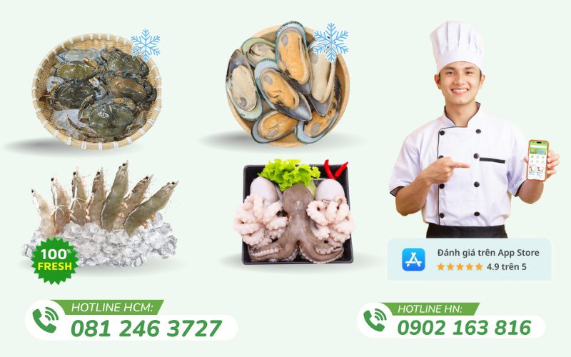 Danh mục sản phẩm đa dạng từ tôm, cá, mực đến nghêu sò