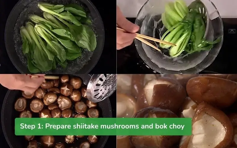 Shiitake mushrooms and bok choy are carefully prepped to retain their crunch and natural flavor