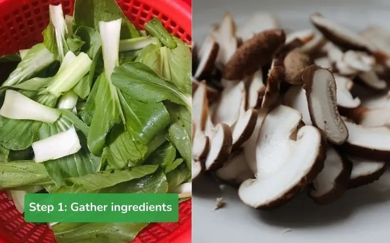 Bok choy, shiitake mushrooms, and garlic are all cleaned and prepped