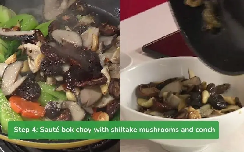 Delicious and beautiful bok choy stir-fried with spiny snail and shiitake mushrooms