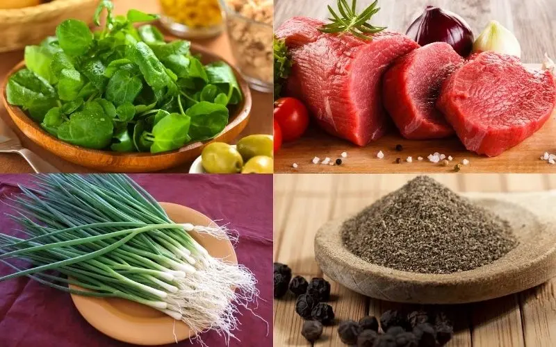 Fresh ingredients including watercress and thinly sliced beef