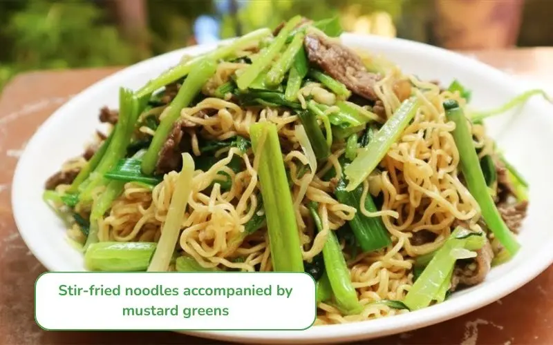 Stir-fried noodles with mustard greens are quick, convenient, and nutritious